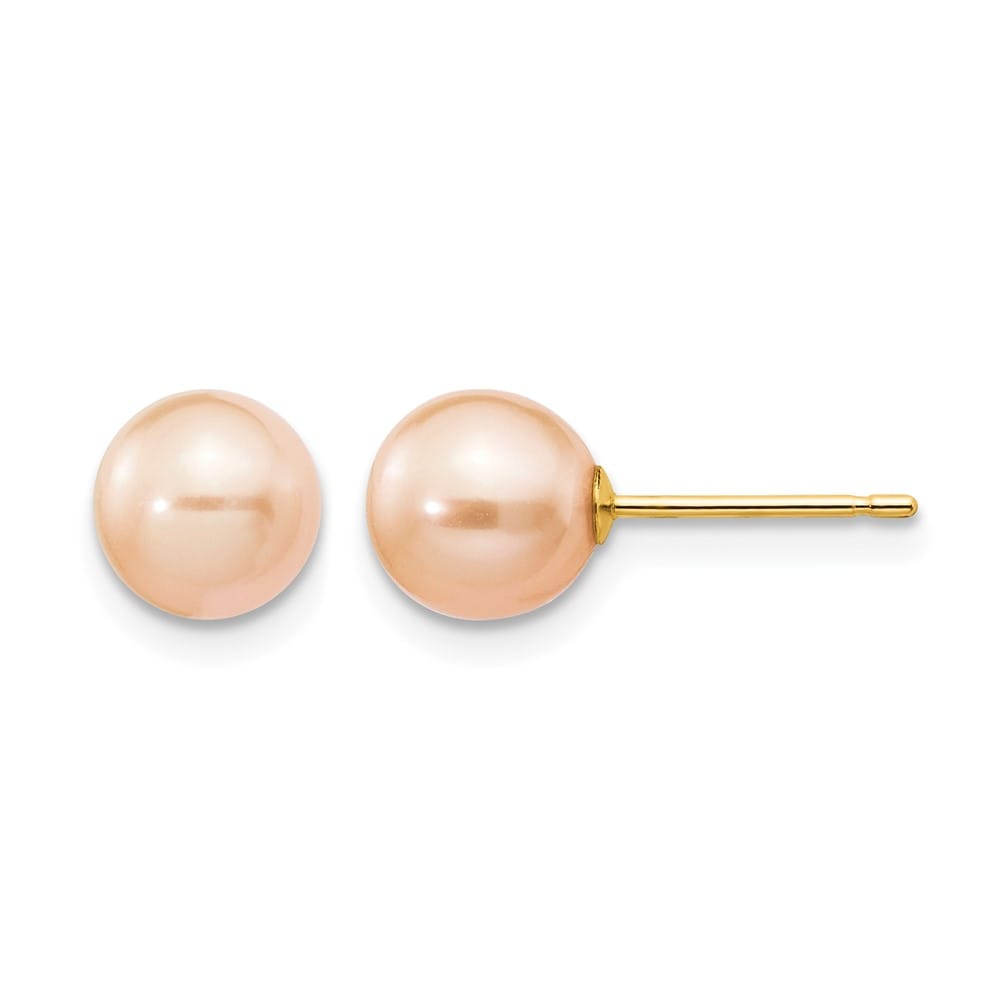 14K Yellow Gold 6-7mm Pink Round Freshwater Pearl Stud Post Earrings, view 1 of 4