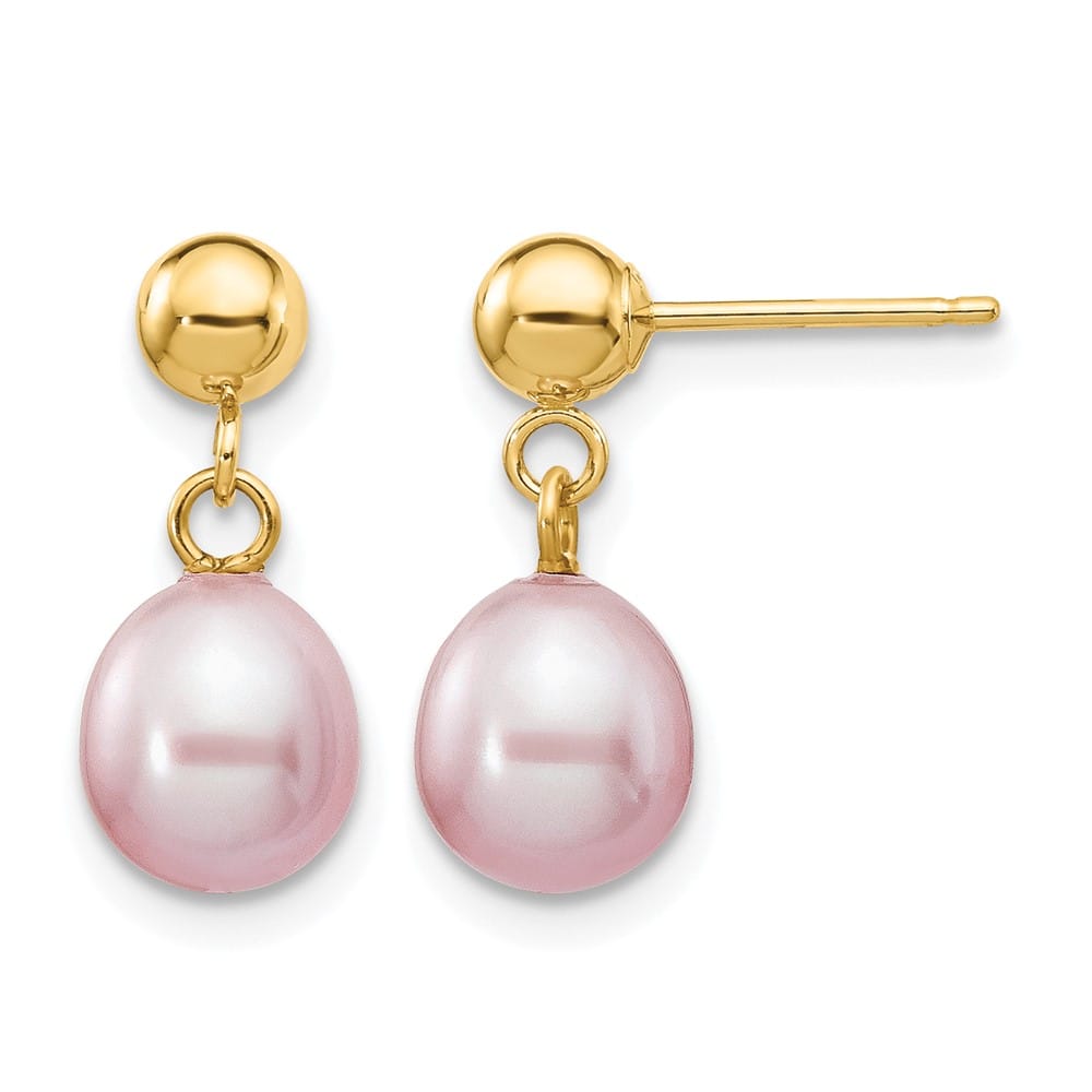 14K Yellow Gold 6-7mm Purple Rice Freshwater Pearl Dangle Earrings