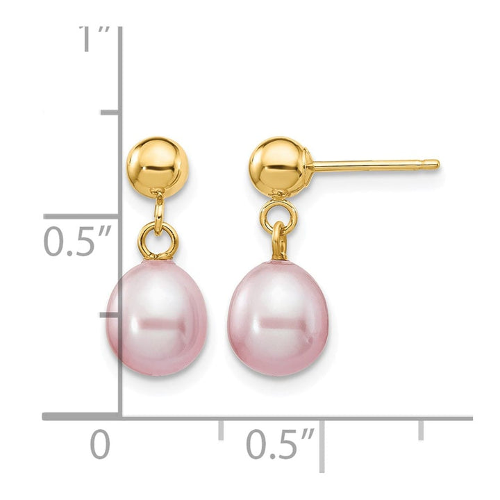 14K Yellow Gold 6-7mm Purple Rice Freshwater Pearl Dangle Earrings