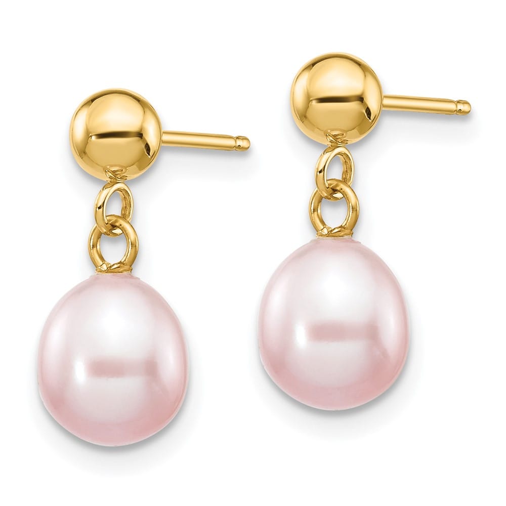 14K Yellow Gold 6-7mm Purple Rice Freshwater Pearl Dangle Earrings