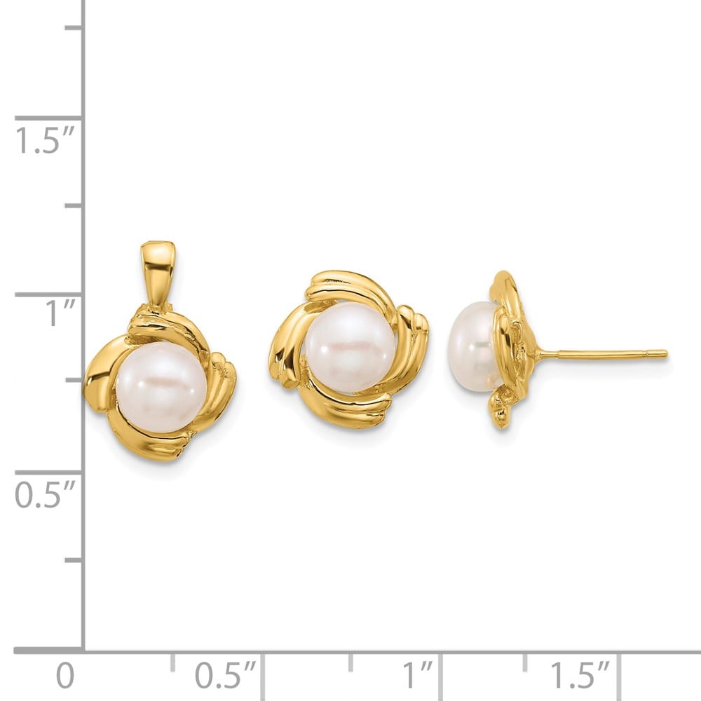 14K Yellow Gold 6-7mm White Button Freshwater Cultured Pearl Set