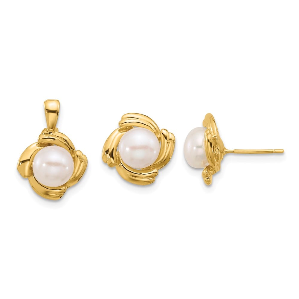 14K Yellow Gold 6-7mm White Button Freshwater Cultured Pearl Set