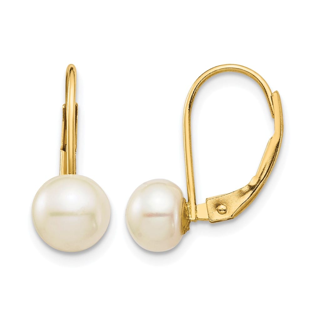 14K Yellow Gold 6-7mm White Button Freshwater Pearl Leverback Earrings