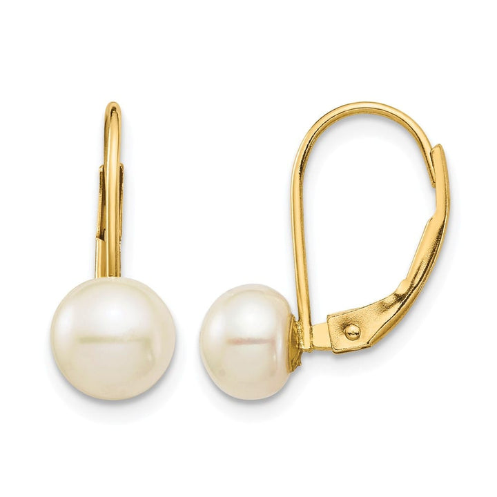 14K Yellow Gold 6-7mm White Button Freshwater Pearl Leverback Earrings