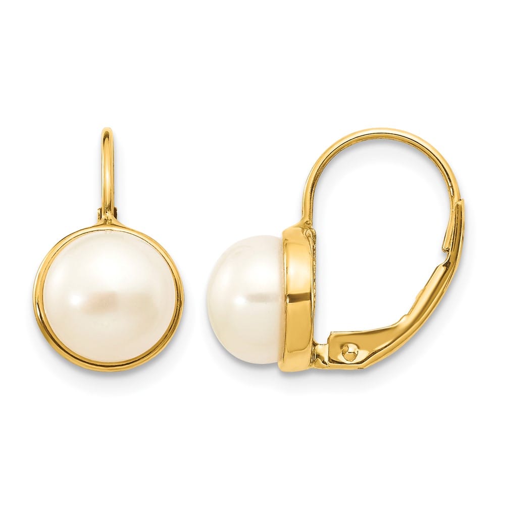 14K Yellow Gold 6-7mm White Button Freshwater Pearl Leverback Earrings