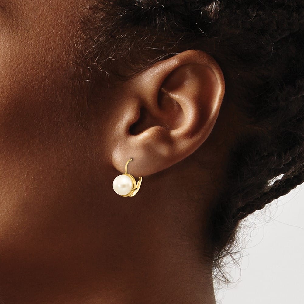 14K Yellow Gold 6-7mm White Button Freshwater Pearl Leverback Earrings