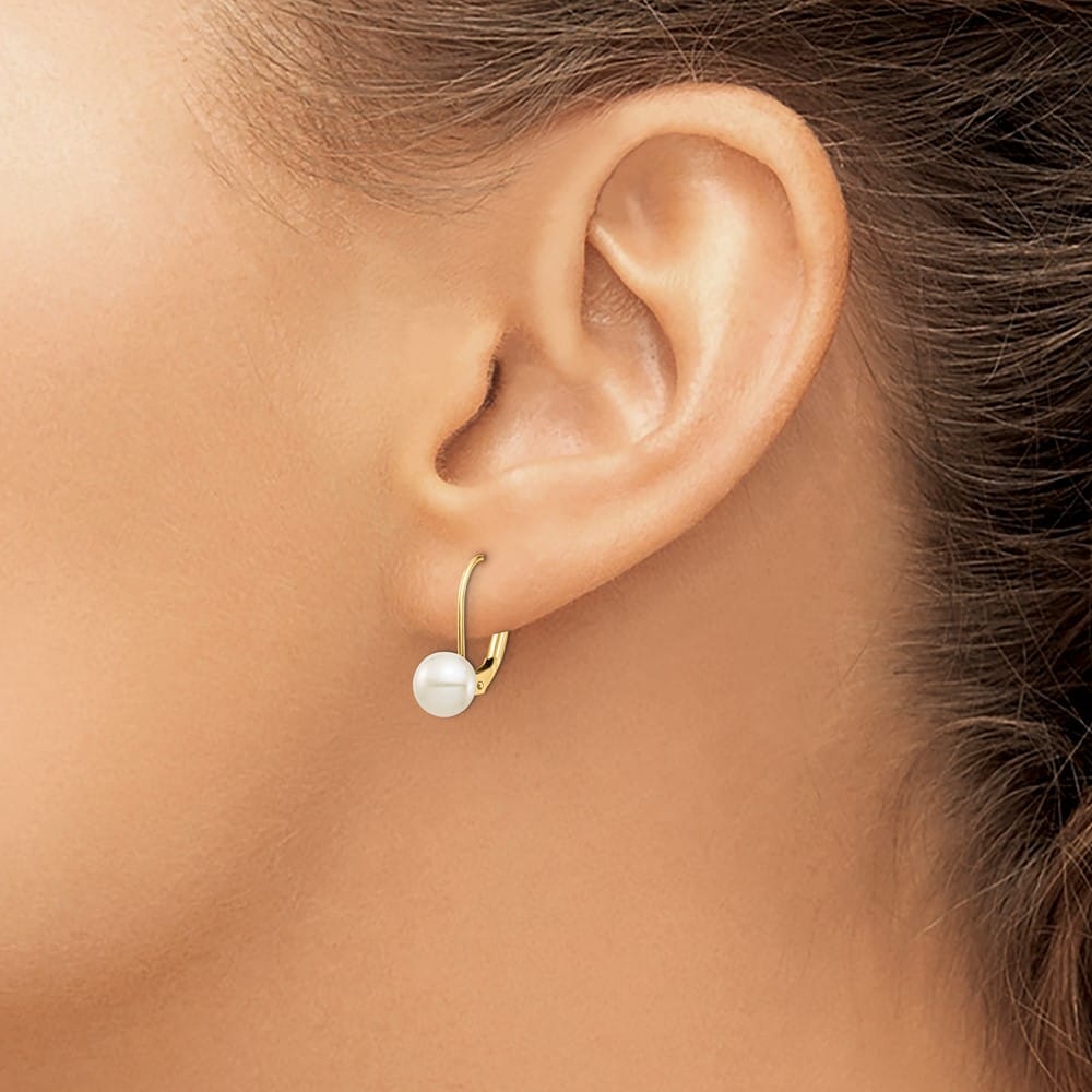14K Yellow Gold 6-7mm White Button Freshwater Pearl Leverback Earrings