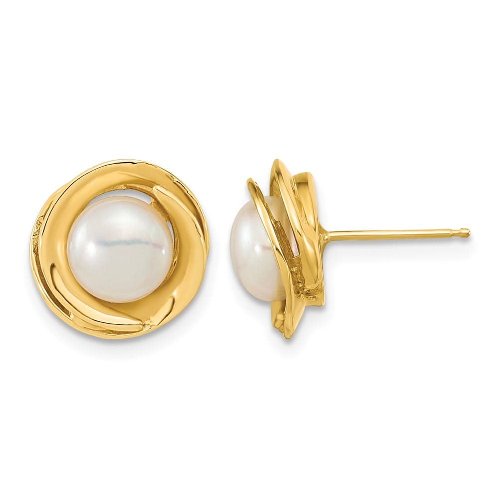 14K Yellow Gold 6-7mm White Button Freshwater Pearl Post Earrings
