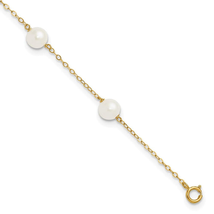 14K Yellow Gold 6-7mm White Near-Round Freshwater 6-Station Anklet — solid 14K yellow gold, 9 inches long, 1.2 mm wide, spring ring clasp, 2.82 g