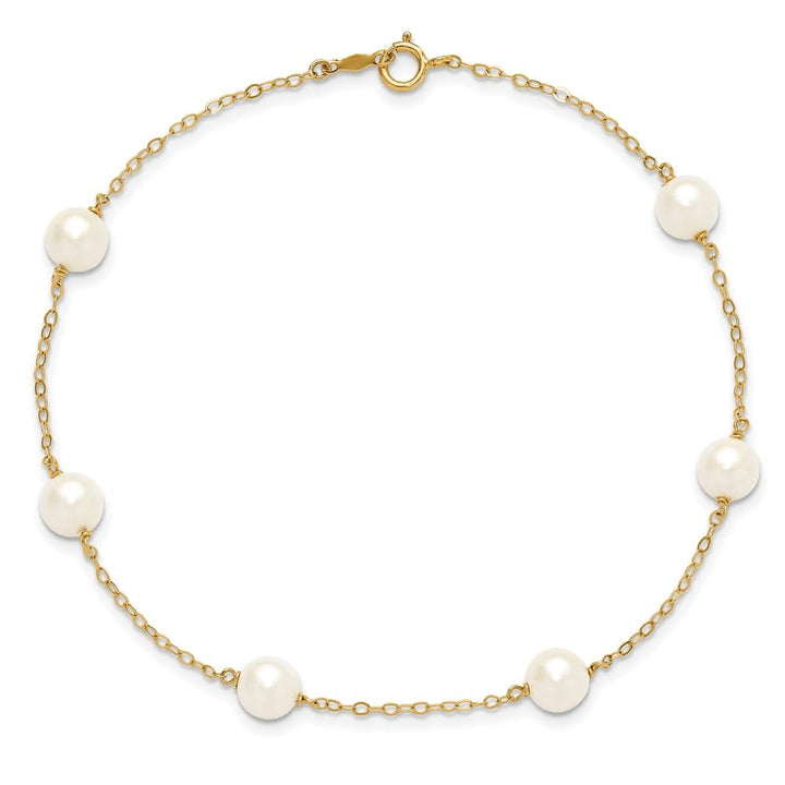 14K Yellow Gold 6-7mm White Near-Round Freshwater 6-Station Anklet
