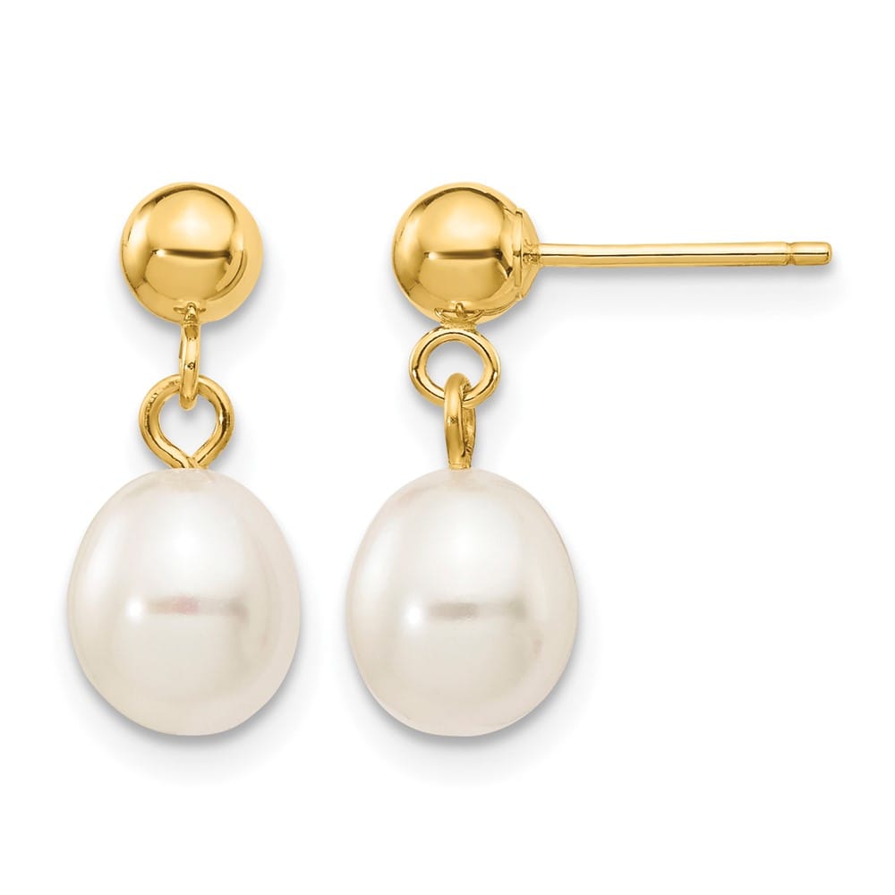 14K Yellow Gold 6-7mm White Rice Freshwater Pearl Dangle Post Earrings