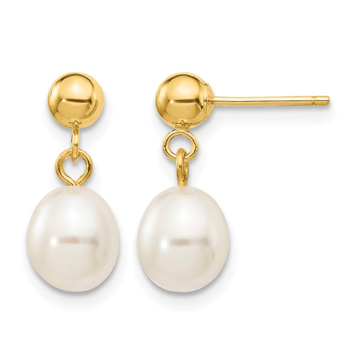 14K Yellow Gold 6-7mm White Rice Freshwater Pearl Dangle Post Earrings