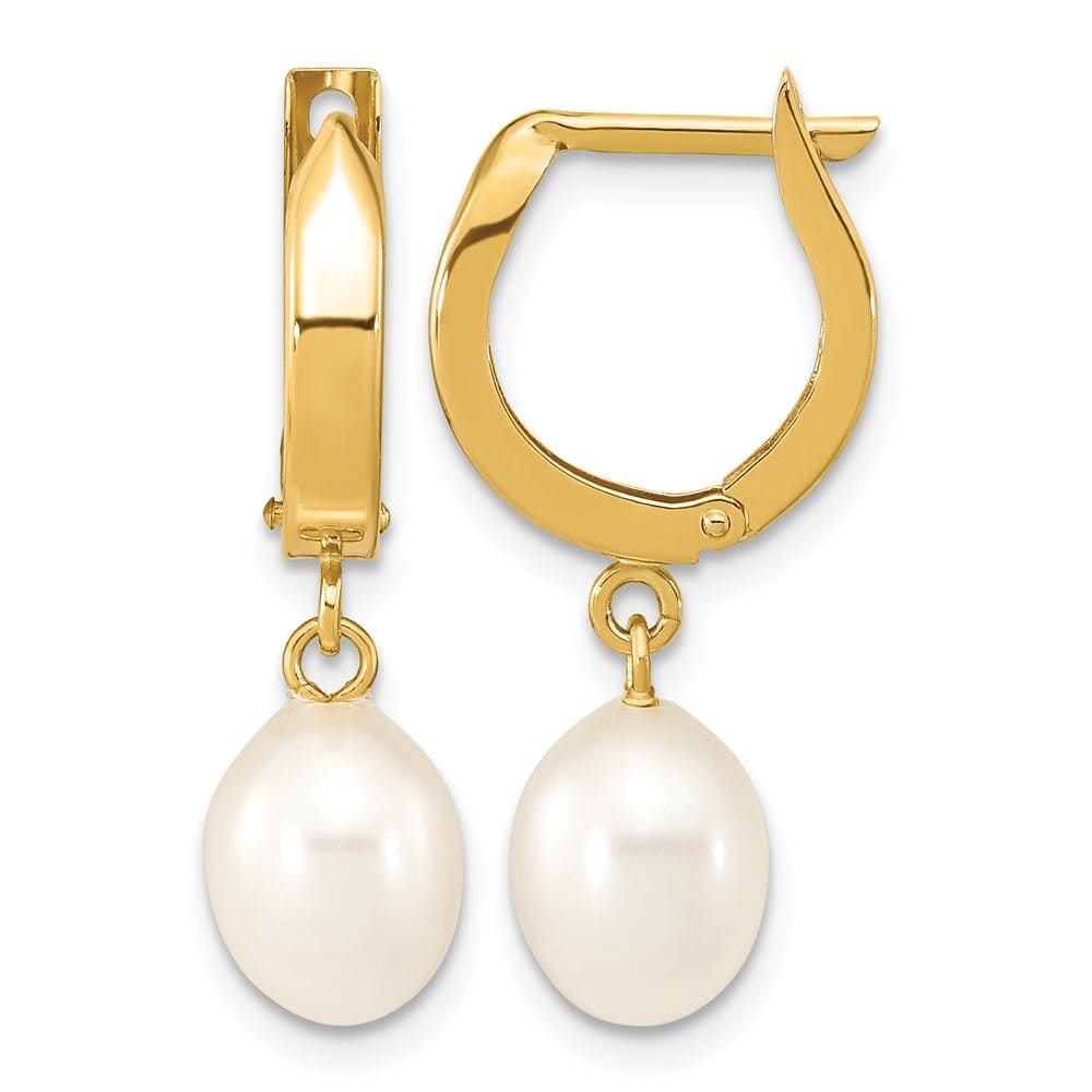 14K Yellow Gold 6-7mm White Rice Freshwater Pearl Hoop Dangle Earrings