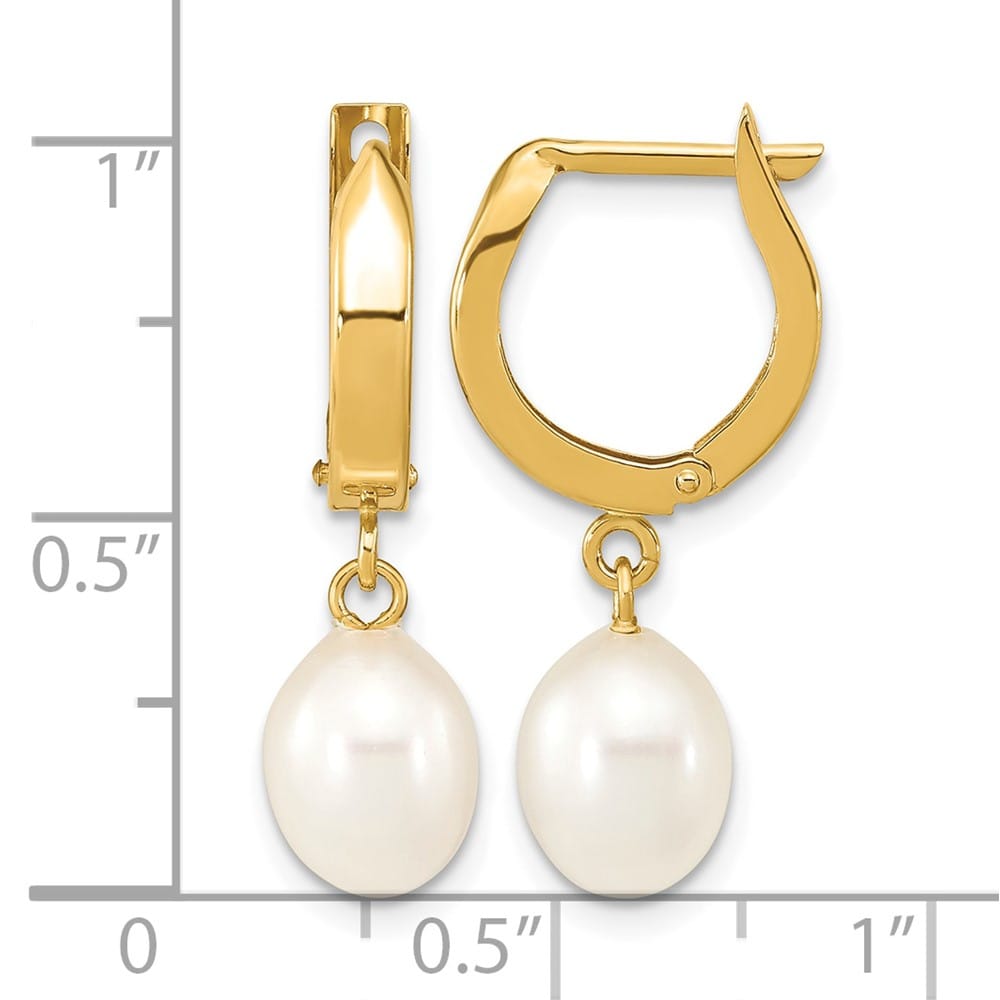 14K Yellow Gold 6-7mm White Rice Freshwater Pearl Hoop Dangle Earrings