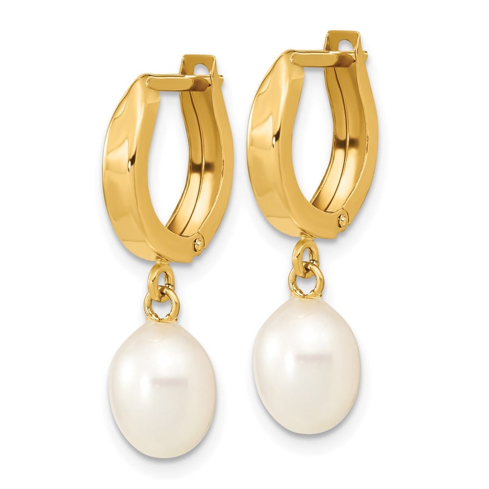 14K Yellow Gold 6-7mm White Rice Freshwater Pearl Hoop Dangle Earrings