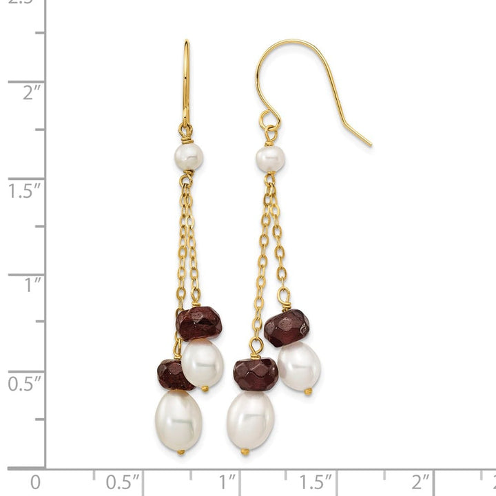 14K Yellow Gold 6-7mm White Rice Pearl Garnet Chain Dangle Earrings, view 4 of 4