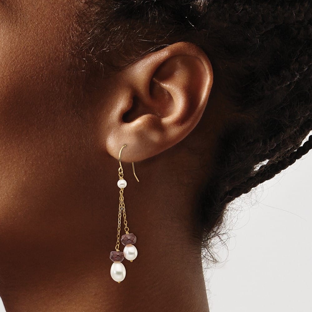 14K Yellow Gold 6-7mm White Rice Pearl Garnet Chain Dangle Earrings, view 3 of 4