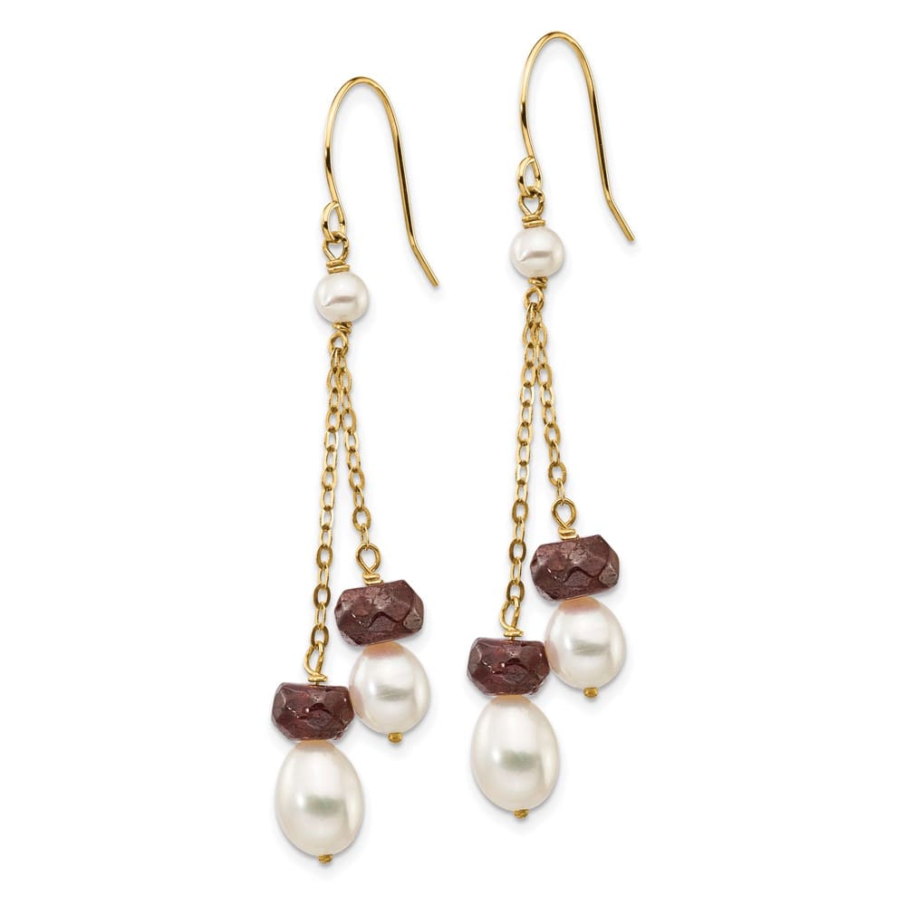 14K Yellow Gold 6-7mm White Rice Pearl Garnet Chain Dangle Earrings, view 2 of 4
