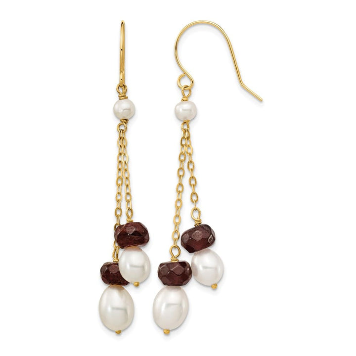 14K Yellow Gold 6-7mm White Rice Pearl Garnet Chain Dangle Earrings, view 1 of 4