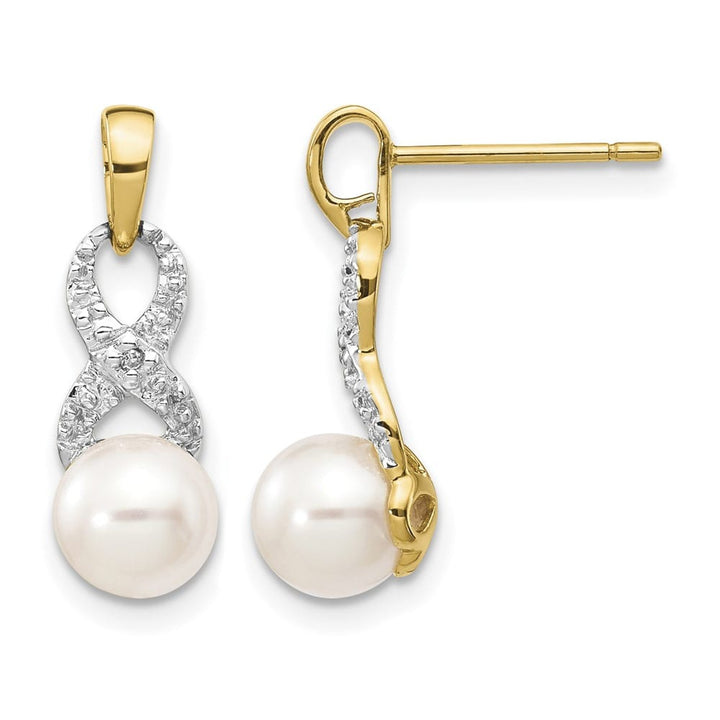 14K Yellow Gold 6-7mm White Round Freshwater Pearl and .01 Earrings