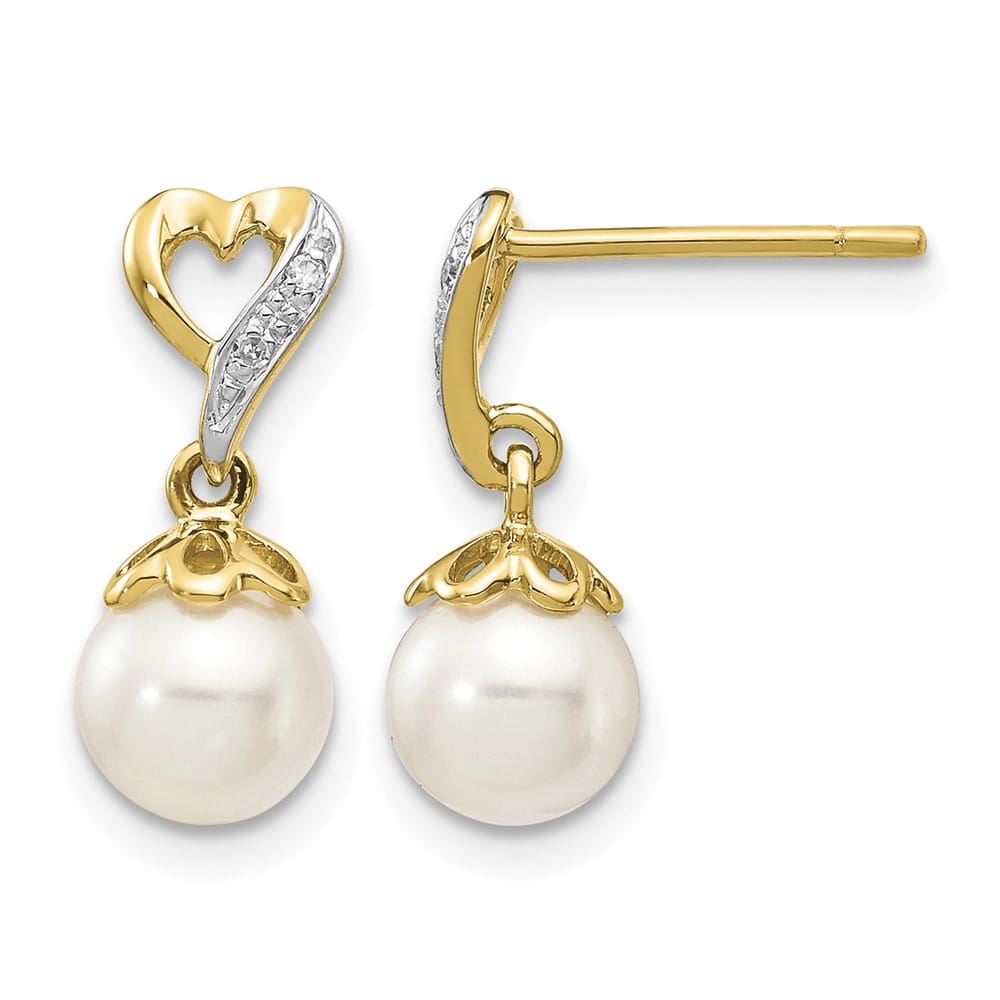 14K Yellow Gold 6-7mm White Round Freshwater Pearl and .01 Earrings