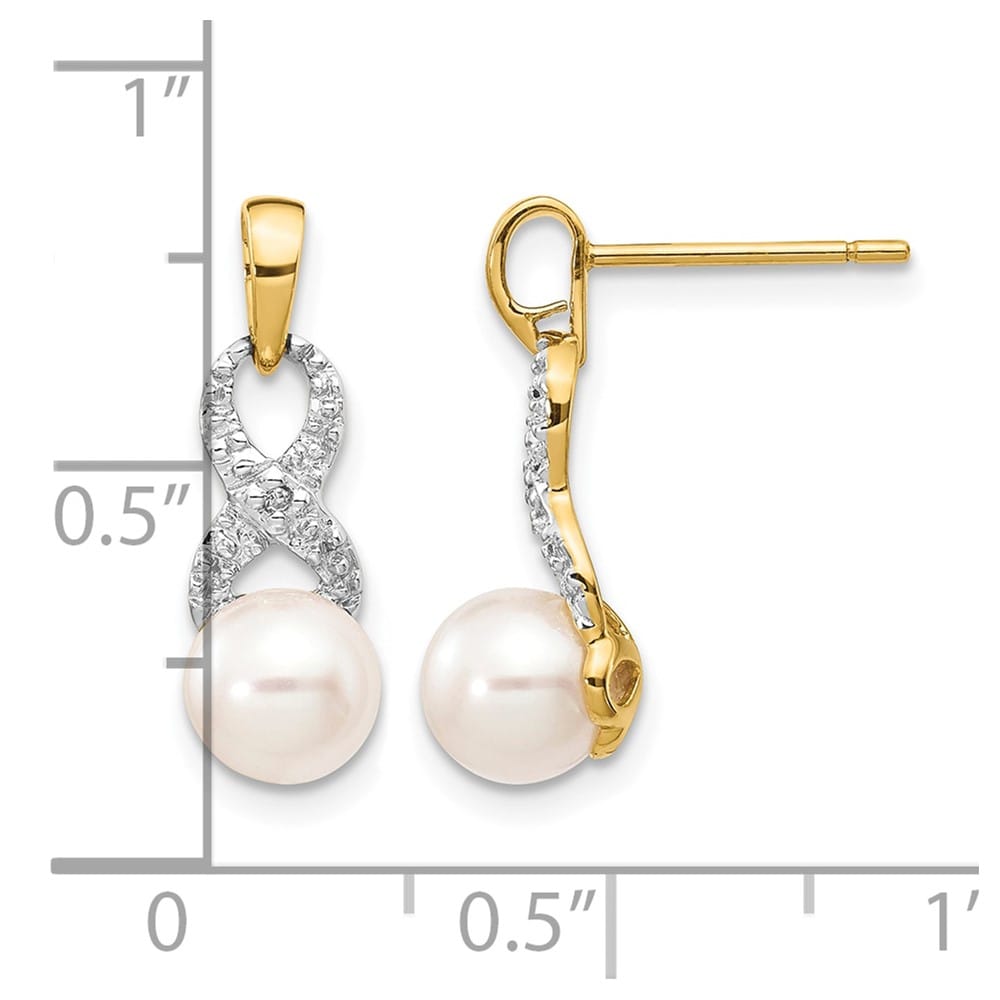 14K Yellow Gold 6-7mm White Round Freshwater Pearl and .01 Earrings