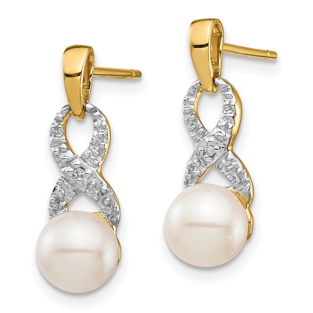14K Yellow Gold 6-7mm White Round Freshwater Pearl and .01 Earrings