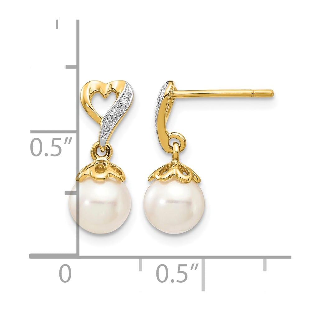 14K Yellow Gold 6-7mm White Round Freshwater Pearl and .01 Earrings