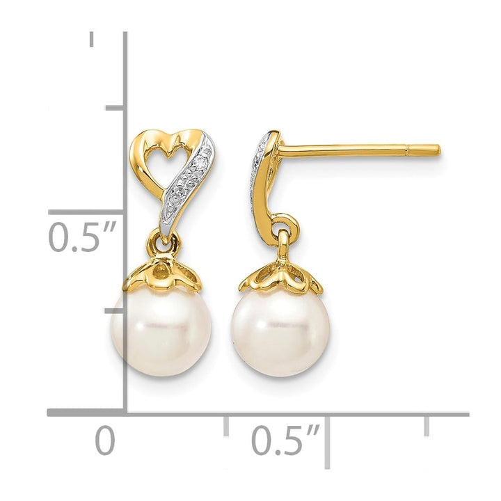 14K Yellow Gold 6-7mm White Round Freshwater Pearl and .01 Earrings