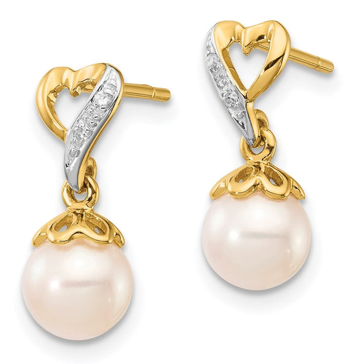 14K Yellow Gold 6-7mm White Round Freshwater Pearl and .01 Earrings