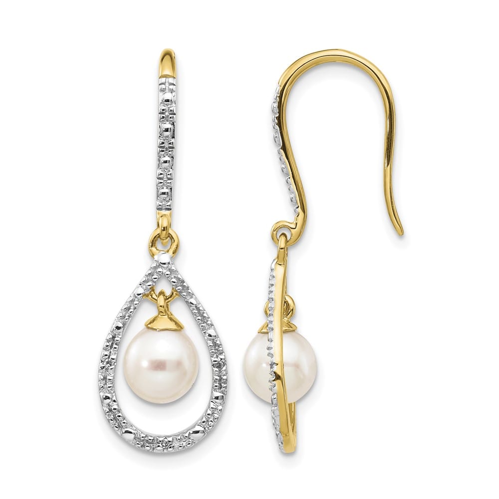 14K Yellow Gold 6-7mm White Round Freshwater Pearl and .02 Earrings