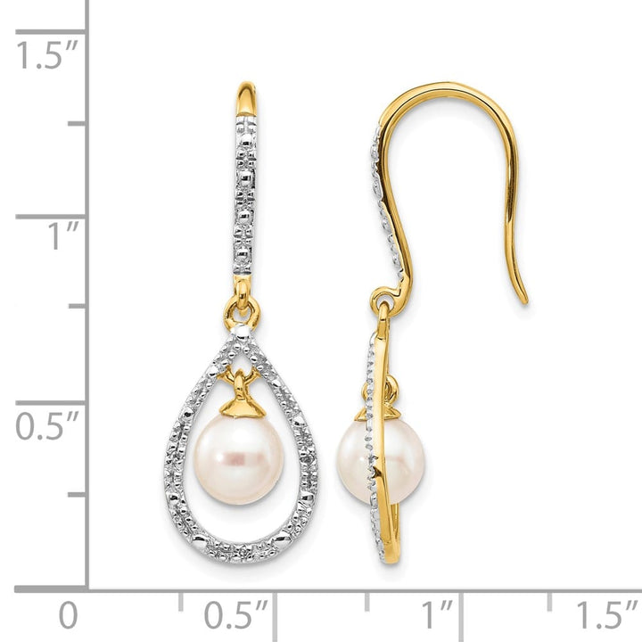 14K Yellow Gold 6-7mm White Round Freshwater Pearl and .02 Earrings