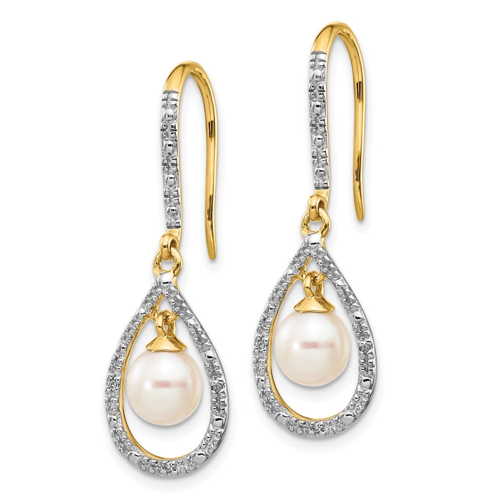 14K Yellow Gold 6-7mm White Round Freshwater Pearl and .02 Earrings