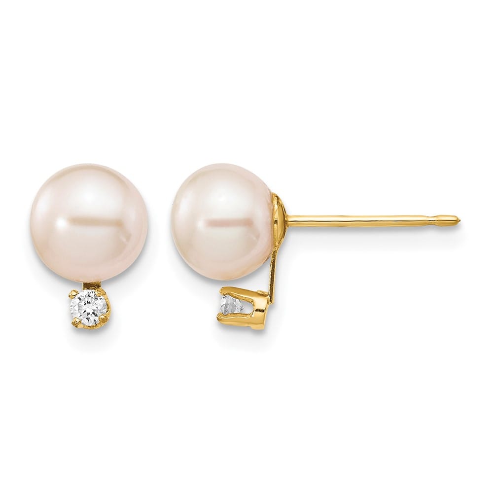 14K Yellow Gold 6-7mm White Round Freshwater Pearl and .06 Earrings