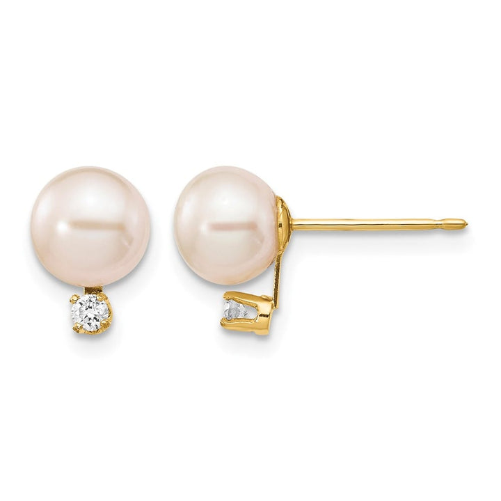 14K Yellow Gold 6-7mm White Round Freshwater Pearl and .06 Earrings