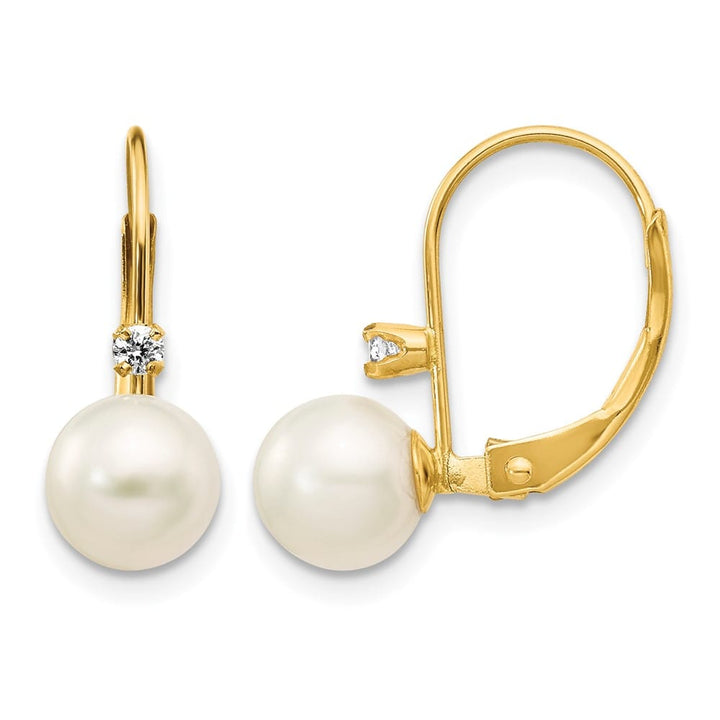 14K Yellow Gold 6-7mm White Round Freshwater Pearl and .06 Earrings