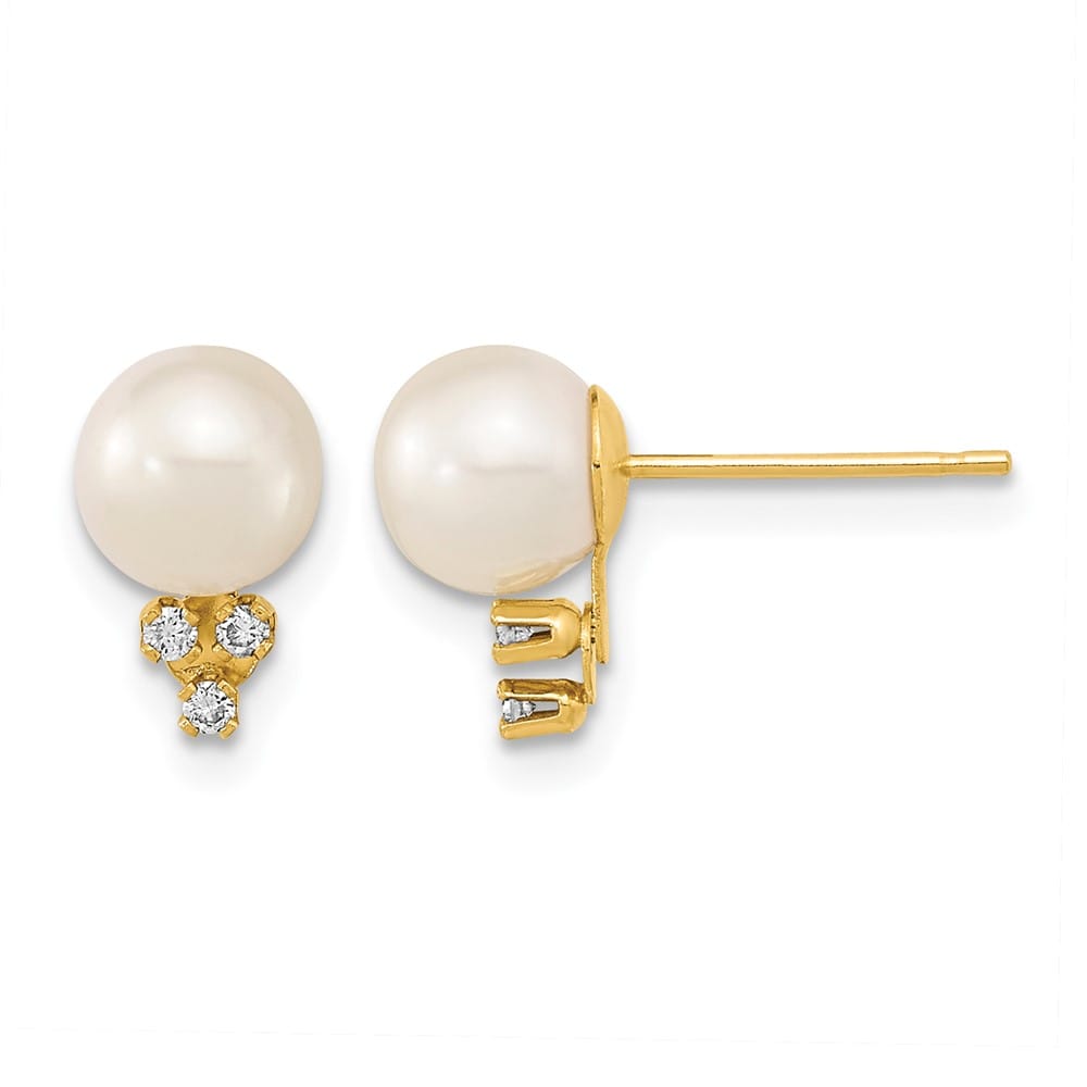 14K Yellow Gold 6-7mm White Round Freshwater Pearl and .06 Earrings