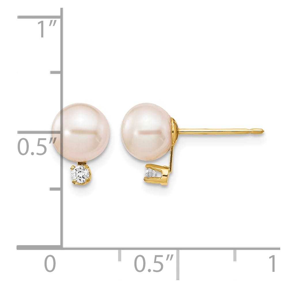 14K Yellow Gold 6-7mm White Round Freshwater Pearl and .06 Earrings