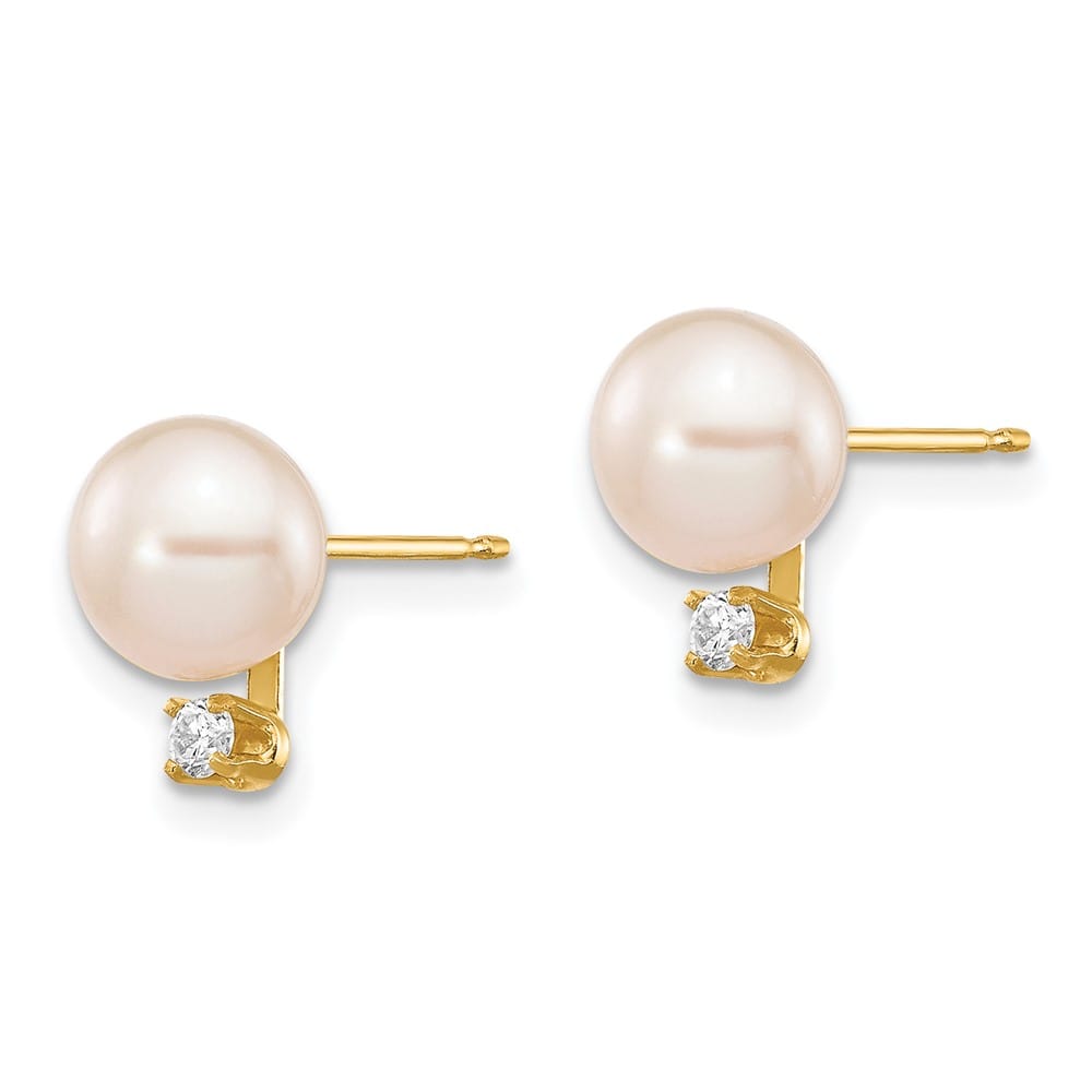 14K Yellow Gold 6-7mm White Round Freshwater Pearl and .06 Earrings