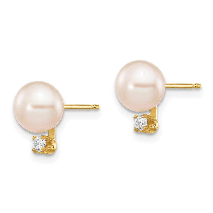 14K Yellow Gold 6-7mm White Round Freshwater Pearl and .06 Earrings