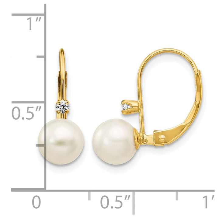 14K Yellow Gold 6-7mm White Round Freshwater Pearl and .06 Earrings
