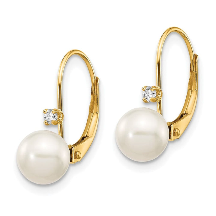 14K Yellow Gold 6-7mm White Round Freshwater Pearl and .06 Earrings