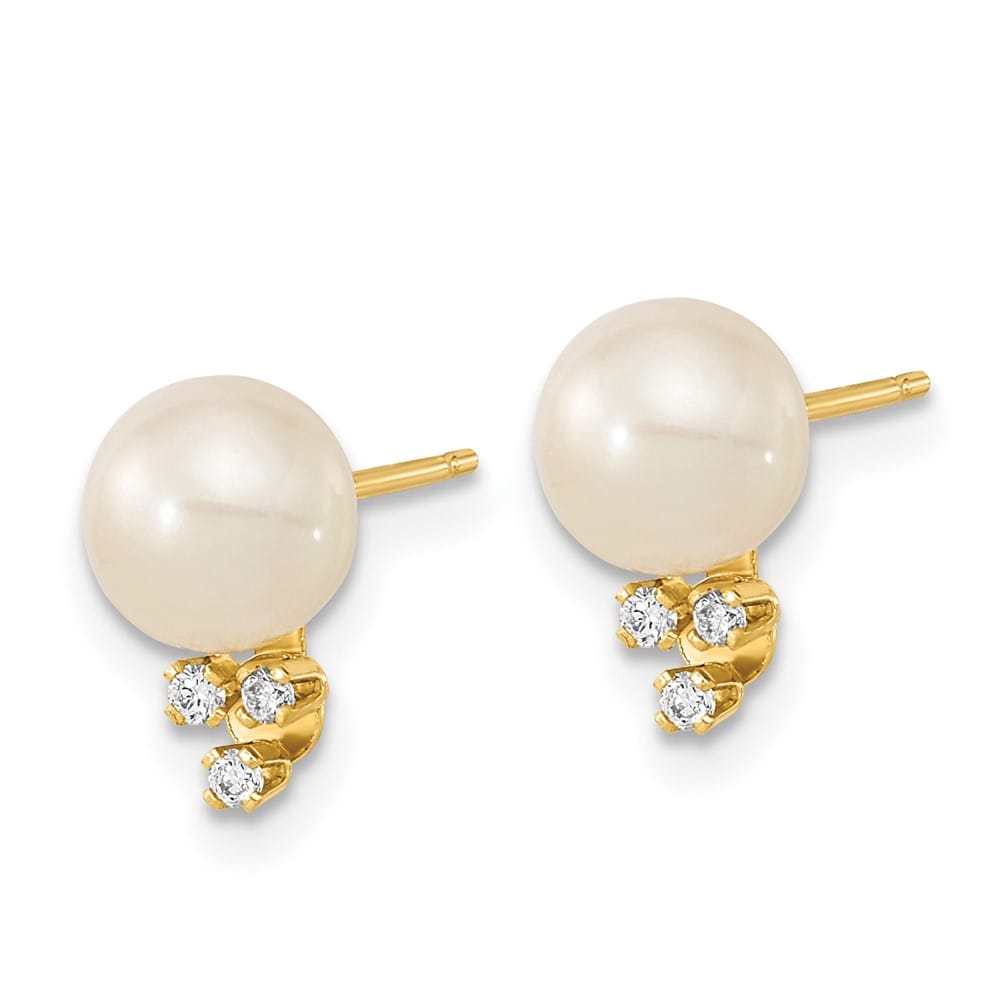 14K Yellow Gold 6-7mm White Round Freshwater Pearl and .06 Earrings