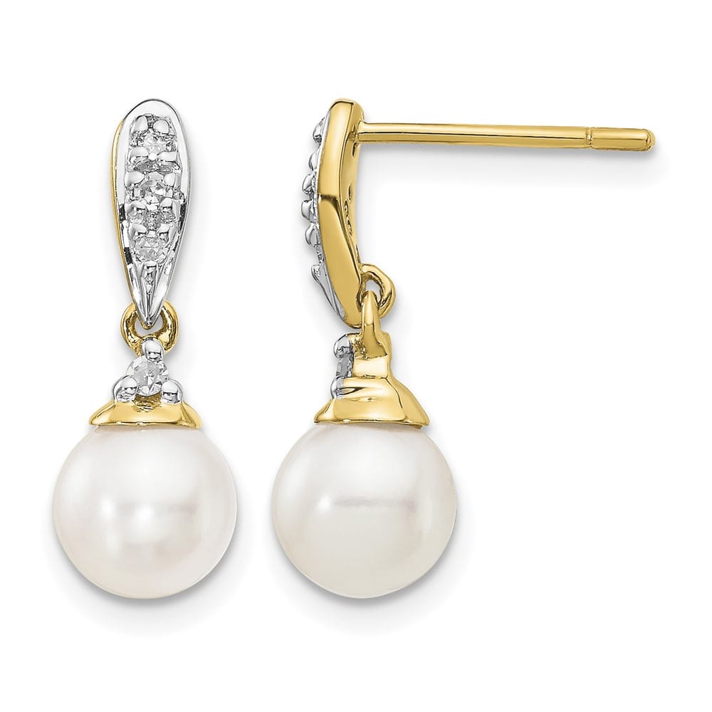 14K Yellow Gold 6-7mm White Round Freshwater Pearl and .08 Earrings