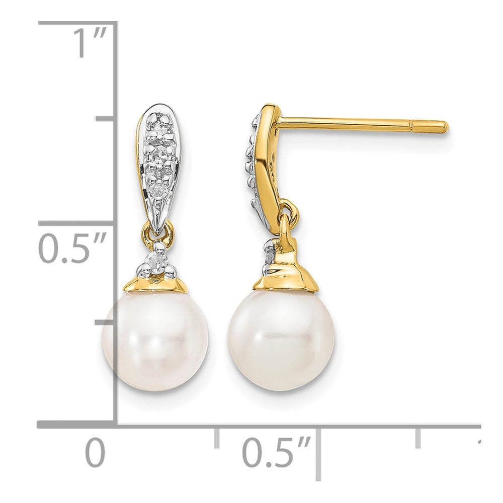 14K Yellow Gold 6-7mm White Round Freshwater Pearl and .08 Earrings