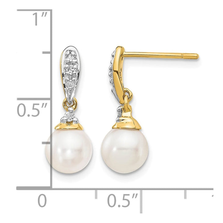 14K Yellow Gold 6-7mm White Round Freshwater Pearl and .08 Earrings