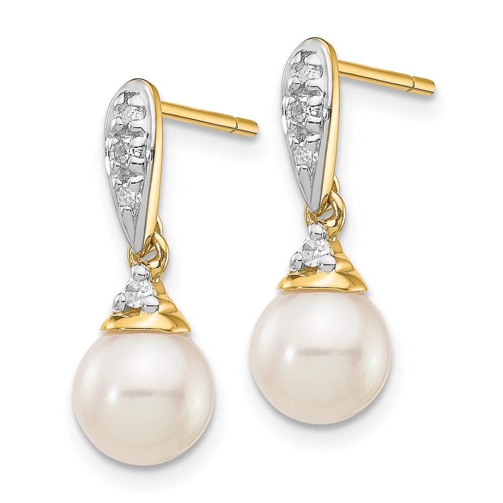 14K Yellow Gold 6-7mm White Round Freshwater Pearl and .08 Earrings
