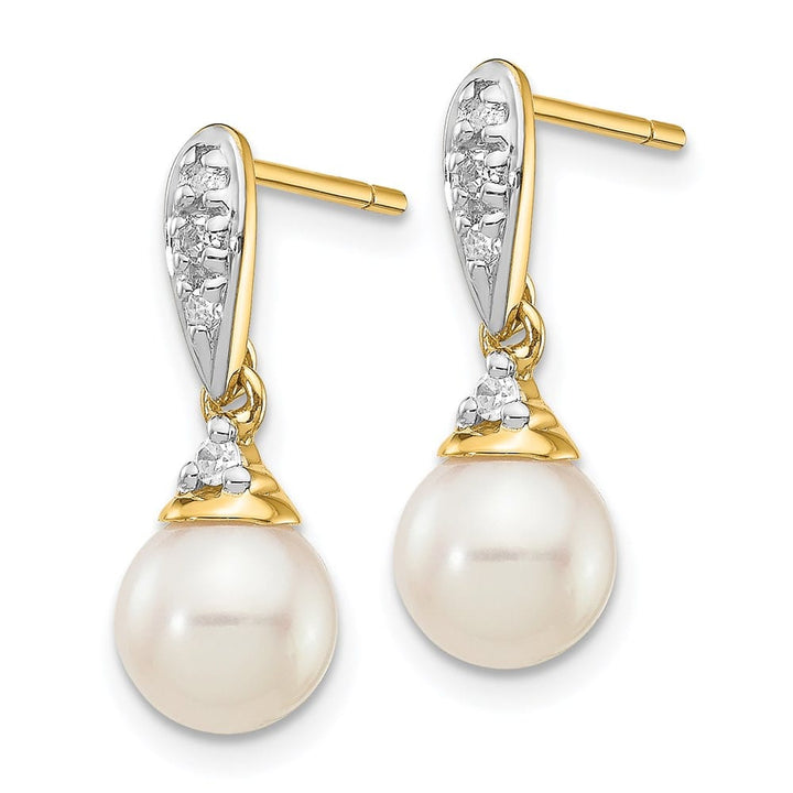 14K Yellow Gold 6-7mm White Round Freshwater Pearl and .08 Earrings