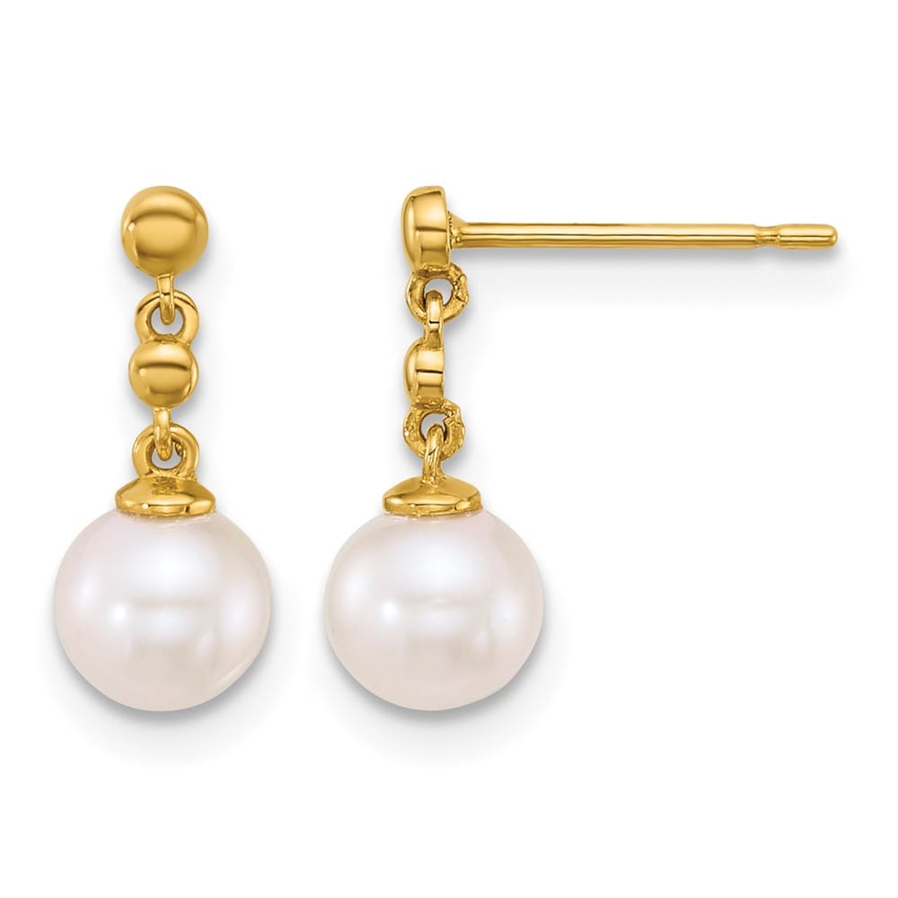 14K Yellow Gold 6-7mm White Round Freshwater Pearl Dangle Earrings