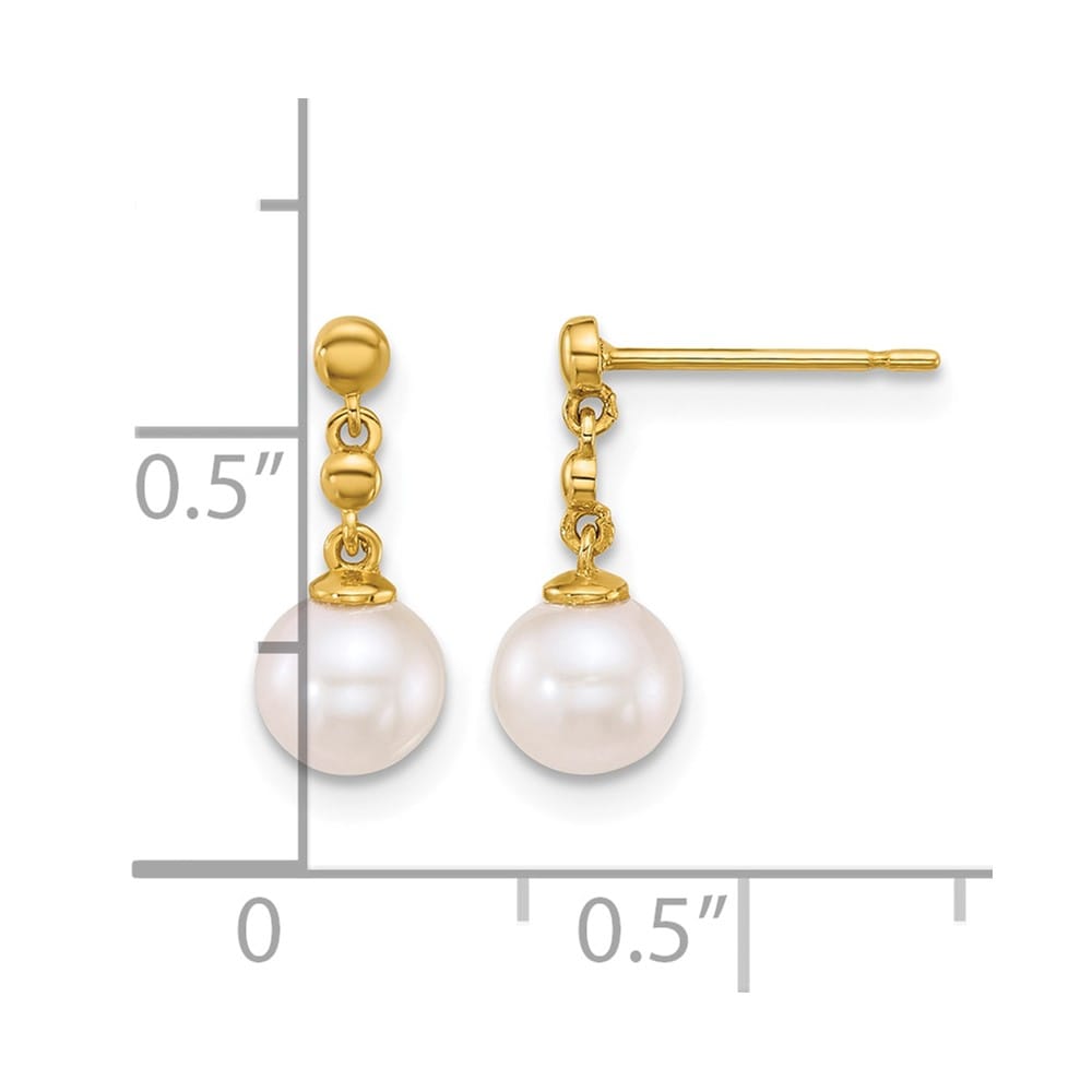 14K Yellow Gold 6-7mm White Round Freshwater Pearl Dangle Earrings